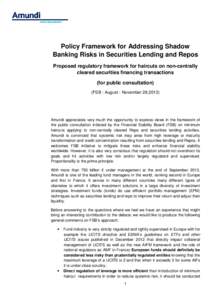 Policy Framework for Addressing Shadow Banking Risks in Securities Lending and Repos Proposed regulatory framework for haircuts on non-centrally cleared securities financing transactions (for public consultation) (FSB : 