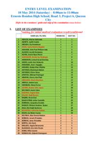 ENTRY LEVEL EXAMINATION 10 May[removed]Saturday) – 8:00am to 11:00am Ernesto Rondon High School, Road 3, Project 6, Quezon City (Refer to the examinees’ guide and map of the examination venue below)