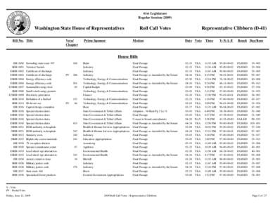 61st Legislature Regular Session[removed]Washington State House of Representatives Bill No. Title