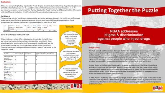 Evaluation: NUAA has been piloting Putting Together the Puzzle- Stigma, Discrimination and Injecting Drug Use and Afternoons With Max Marshall trainings over the past 12 months with health care professionals and students