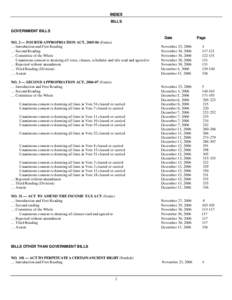 INDEX BILLS GOVERNMENT BILLS Date NO. 2 — FOURTH APPROPRIATION ACT, [removed]Fentie) … Introduction and First Reading