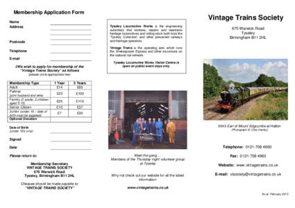 Membership Application Form Name Address Vintage Trains Society Tyseley Locomotive Works is the engineering