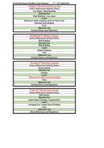 Camp Warrawee Vacation Care Program - 7th – 10th April 2015 Tuesday 7th (Environmental) 2 groups Arrive, Welcome & Activity Choice Low Ropes / Map Reading Morning Tea Map Reading / Low ropes