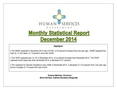 Highlights  The SNAP caseload in December 2014 was 219,991, a 9.3 percent increase from one year ago. SNAP caseload has risen by 2,140 cases, or 1.0 percent, since last month.  The TANF caseload was 14,151 in Decem