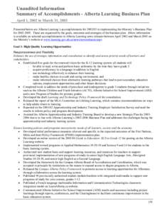 Unaudited Information Summary of Accomplishments - Alberta Learning Business Plan April 1, 2002 to March 31, 2003 Presented below are Alberta Learning’s accomplishments for[removed]in implementing the Ministry’s Busi