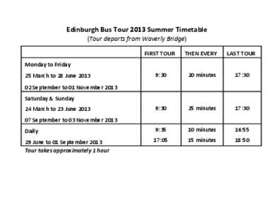 Edinburgh Bus Tour 2013 Summer Timetable (Tour departs from Waverly Bridge) FIRST TOUR THEN EVERY