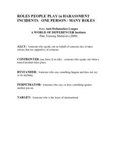 ROLES PEOPLE PLAY in HARASSMENT  INCIDENTS  ONE PERSON / MANY ROLES  from Anti­Defamation League  A WORLD OF DIFFERENCEÒ Institute  Peer Training Materials (2000) 