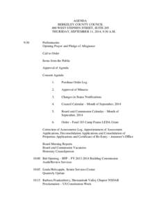 AGENDA BERKELEY COUNTY COUNCIL 400 WEST STEPHEN STREET, SUITE 205 THURSDAY, SEPTEMBER 11, 2014, 9:30 A.M.  9:30