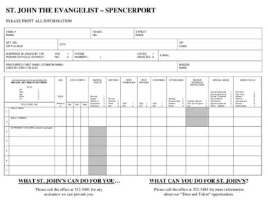 ST. JOHN THE EVANGELIST – SPENCERPORT PLEASE PRINT ALL INFORMATION FAMILY NAME  HOUSE