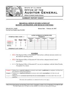 REGIONAL OFFICE OF EDUCATION #17 DEWITT, LIVINGSTON, AND MCLEAN COUNTIES FINANCIAL AUDIT For the Year Ended: June 30, 2014  FINDINGS THIS AUDIT: 3