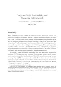 Corporate Social Responsibility and Managerial Entrenchment. Giovanni Cespa ∗ and Giacinta Cestone †