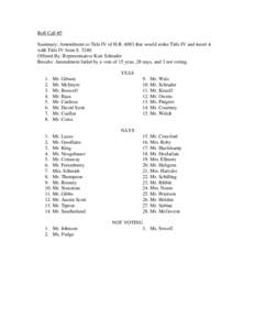 Roll Call #5 Summary: Amendment to Title IV of H.R[removed]that would strike Title IV and insert it with Title IV from S[removed]Offered By: Representative Kurt Schrader Results: Amendment failed by a vote of 15 yeas, 28 na