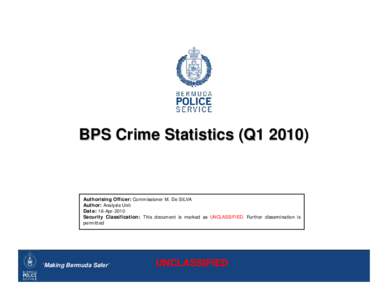 BPS Crime Statistics (Q1[removed]Authorising Officer: Commissioner M. De SILVA Author: Analysis Unit Date: 16-Apr-2010 Security Classification: This document is marked as UNCLASSIFIED. Further dissemination is