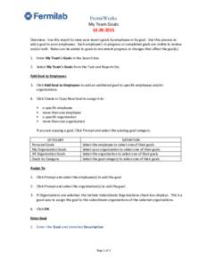 FermiWorks My Team GoalsOverview: Use this report to view your team’s goals by employee or by goal. Use this process to add a goal to your employees. Each employee’s in progress or completed goals are vis