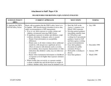 Attachment to Staff Paper # 26 FRAMEWORK FOR REFINING FQPA SCIENCE POLICIES SCIENCE POLICY AREA Î Applying the FQPA 10-Fold Safety Factor