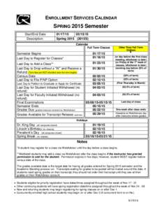 ENROLLMENT SERVICES CALENDAR  SPRING 2015 Semester Start/End Date Description: