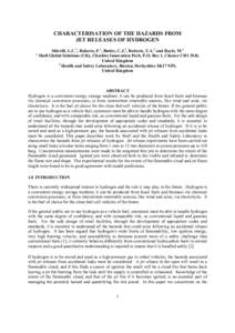 CHARACTERISATION OF THE HAZARDS FROM JET RELEASES OF HYDROGEN 1 Shirvill, L.C.1, Roberts, P.1, Butler, C.J.2, Roberts, T.A.2 and Royle, M.2 Shell Global Solutions (UK), Cheshire Innovation Park, P.O. Box 1, Chester CH1 3