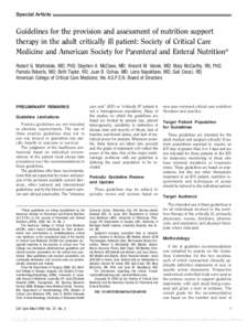Special Article  Guidelines for the provision and assessment of nutrition support therapy in the adult critically ill patient: Society of Critical Care Medicine and American Society for Parenteral and Enteral Nutrition* 