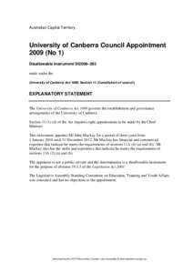 Australian Capital Territory  University of Canberra Council Appointment[removed]No 1) Disallowable instrument DI2009–263 made under the