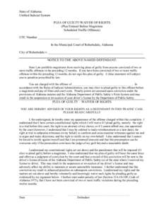 State of Alabama Unified Judicial System PLEA OF GUILTY/WAIVER OF RIGHTS (Plea Entered Before Magistrate Scheduled Traffic Offenses) UTC Number __________________________