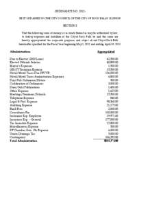 ORDINANCE NO. 2012BE IT ORDAINED BY THE CITY COUNCIL OF THE CITY OF ROCK FALLS, ILLINOIS  SECTION I That the following sums of money, or as much thereof as may be authorized by law, to defray expenses and liabilities of 