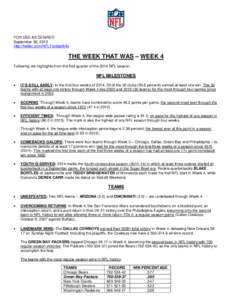 FOR USE AS DESIRED September 30, 2013 http://twitter.com/NFLFootballInfo THE WEEK THAT WAS – WEEK 4 Following are highlights from the first quarter of the 2014 NFL season:
