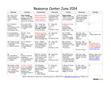 Resource Center June 2014 Monday Tuesday  Wednesday