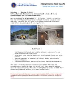 Fatality #17 - October 7, 2008 Falling Material - Pennsylvania - Limestone (Crushed & Broken) Pennsy Supply Inc - Hummelstown Quarry METAL/NONMETAL MINE FATALITY - On October 7, 2008, a 56 year-old lead man with 18 years