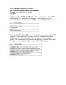 O*NET 10.0 Development Database MS Access Supplemental and Crosswalk Files National Crosswalk Service Center June 2006 Supplemental Files (SUP10SAC.ZIP): These files contain information about O*NET occupations that is no