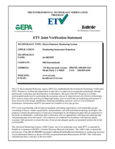 US EPA Environmental Technology Verification Statement - SRI International - JET-REMPI (Resonance Enhanced Multi-Photon Ionization)