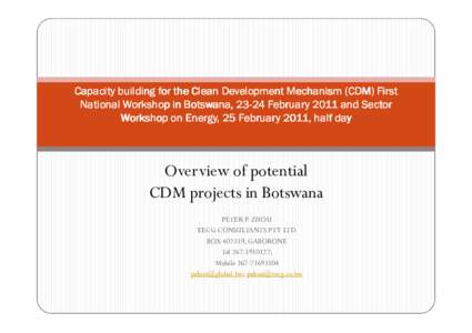 Capacity building for the Clean Development Mechanism (CDM) First National Workshop in Botswana, [removed]February 2011 and Sector Workshop on Energy, 25 February 2011, half day Overview of potential CDM projects in Botsw