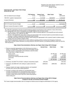 Prepared by the North Dakota Legislative Council staff for Senate Appropriations January 15, 2001 Department[removed]Lake Region State College Senate Bill No. 2003