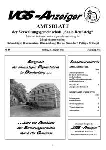 VGS-Anzeiger AMTSBLATT der Verwaltungsgemeinschaft „Saale-Rennsteig“ Internet Adresse: www.vg-saale-rennsteig.de Mitgliedsgemeinden: