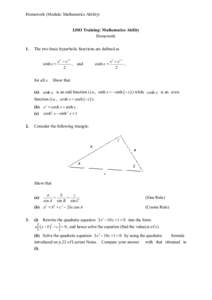 Homework (Module: Mathematics Ability)   IJSO Training: Mathematics Ability  Homework  1.  The two basic hyperbolic functions are defined as  sinh x = 