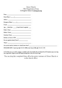 Grace Church VBS Registration Form Or Register Online at www.gcoh.org