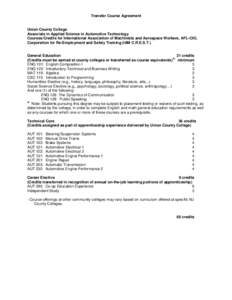 Transfer Course Agreement  Union County College Associate in Applied Science in Automotive Technology Courses/Credits for International Association of Machinists and Aerospace Workers, AFL-CIO, Corporation for Re-Employm