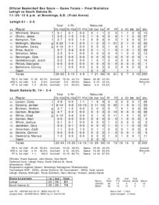 Official Basketball Box Score -- Game Totals -- Final Statistics Lehigh vs South Dakota St[removed]p.m. at Brookings, S.D. (Frost Arena) Lehigh 61 • 2-5 ##