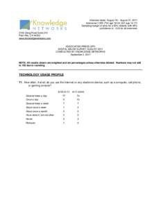 Interview dates: August 18 – August 31, 2011 Interviews:1,[removed]age 18-24; 631 age[removed]Sampling margin of error for a 50% statistic with 95% confidence is: ±3.8 for all interviews 2100 Geng Road Suite 210 Palo A