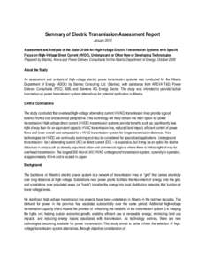 Summary of Electric Transmission Assessment Report January 2010 Assessment and Analysis of the State-Of-the-Art High-Voltage Electric Transmission Systems with Specific Focus on High-Voltage Direct Current (HVDC), Underg