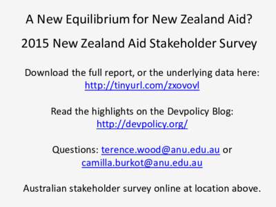 A New Equilibrium for New Zealand Aid? 2015 New Zealand Aid Stakeholder Survey Download the full report, or the underlying data here: http://tinyurl.com/zxovovl Read the highlights on the Devpolicy Blog: http://devpolicy
