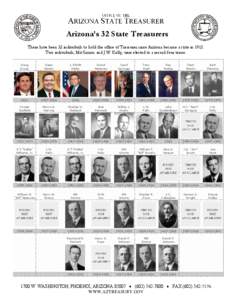 Arizona’s 32 State Treasurers There have been 32 individuals to hold the office of Treasurer since Arizona became a state in[removed]Two individuals, Mit Simms and J.W. Kelly, were elected to a record four terms. Doug Du