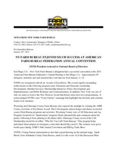 NEWS FROM NEW YORK FARM BUREAU Contact: Steve Ammerman, Manager of Public Affairsofficecell),  For Immediate Release: January 16th, 2015