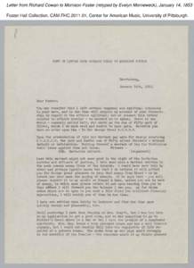 Letter from Richard Cowan to Morrison Foster (retyped by Evelyn Morneweck), January 14, 1853 Foster Hall Collection, CAM.FHC[removed], Center for American Music, University of Pittsburgh. Letter from Richard Cowan to Mor