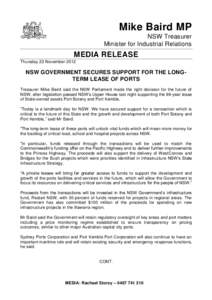 Mike Baird MP NSW Treasurer Minister for Industrial Relations MEDIA RELEASE Thursday 22 November 2012