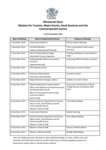 Ministerial Diary Minister for Tourism, Major Events, Small Business and the Commonwealth Games 1 to 31 December 2014 Date of Meeting