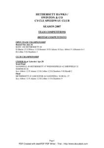 HETHERSETT HAWKS / SWINTON & CO CYCLE SPEEDWAY CLUB SEASON 2007 TEAM COMPETITIONS BRITISH COMPETITIONS