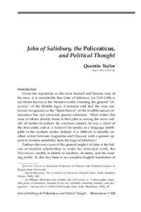John of Salisbury, the Policraticus, and Political Thought Quentin Taylor