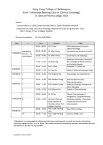 Hong Kong College of Radiologists Basic Fellowship Training Course (Clinical Oncology) in Clinical Pharmacology 2014 Venue: - *Lecture Room (J-LG04), Lower Ground, Block J, Queen Elizabeth Hospital - Lecture Room, Dept. 