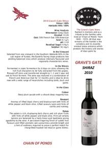 2010 Grave’s Gate Shiraz Shiraz 100% Adelaide Hills 100% Wine Analysis Winemaker: Greg Clack Alcohol: 14.2%