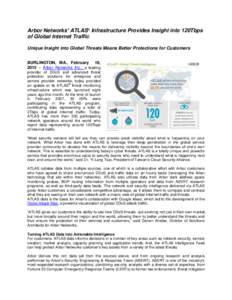 Arbor Networks’ ATLAS® Infrastructure Provides Insight into 120Tbps of Global Internet Traffic Unique Insight into Global Threats Means Better Protections for Customers BURLINGTON, MA., February 18, 2015 – Arbor Net